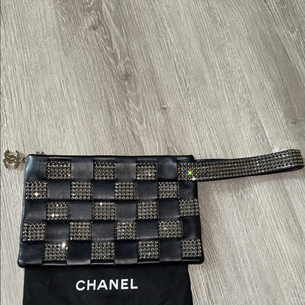 RARE CHANEL Leather Woven Strass Black Checkered Clutch Wristlet Vintage Evening - Picture 4 of 13